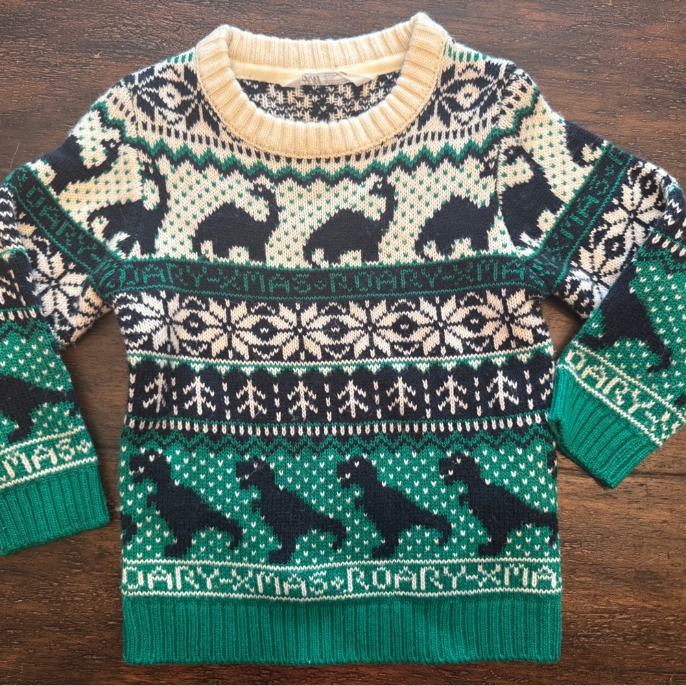 H&M Green and Cream Holiday Dinosaur Sweater size 2-4 kids